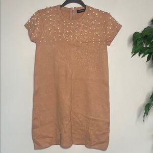 Zara Knit Tan Dress with Pearl Details
